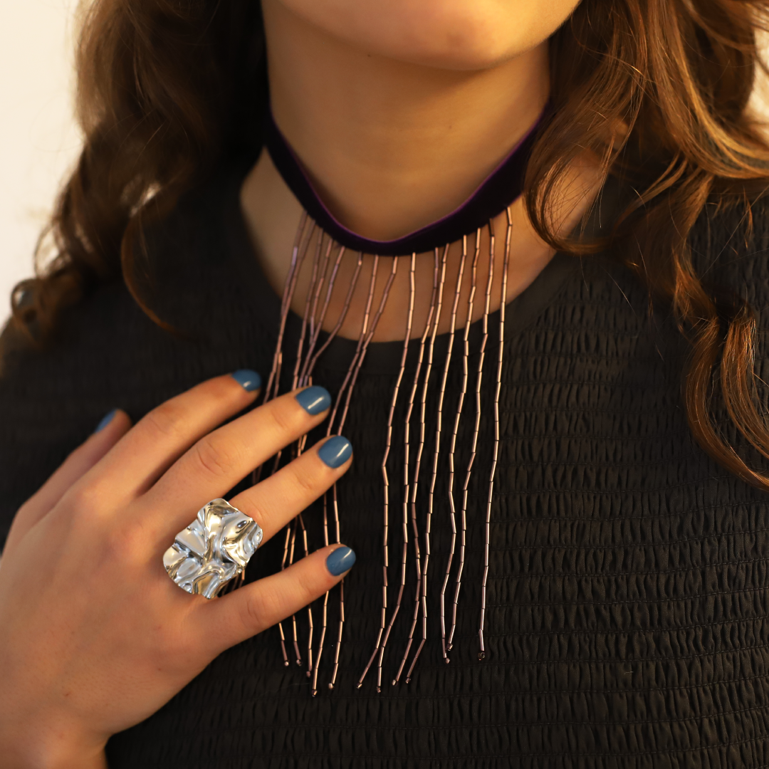 Anillo arrugas rectangular plata